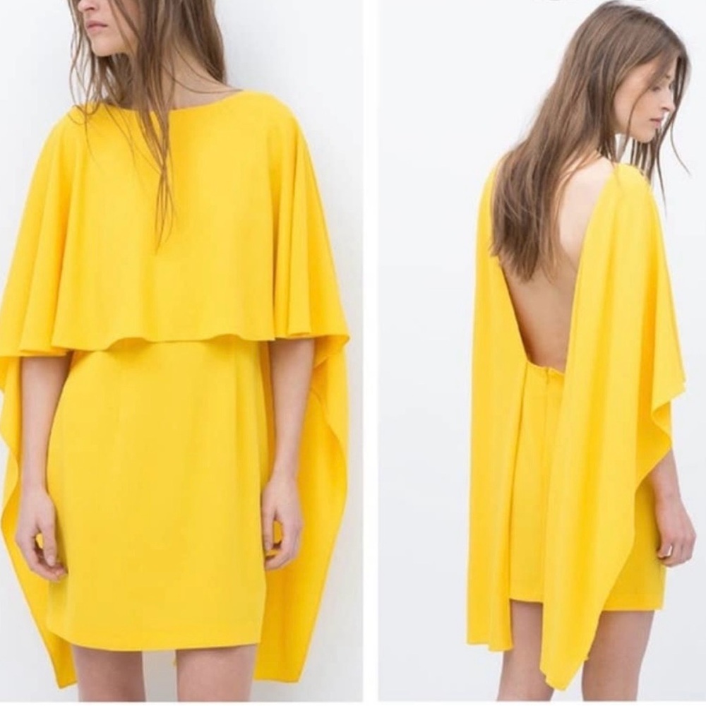 ZARA  - Women's - Yellow Cape Mini Open Back Dress (Size Small)